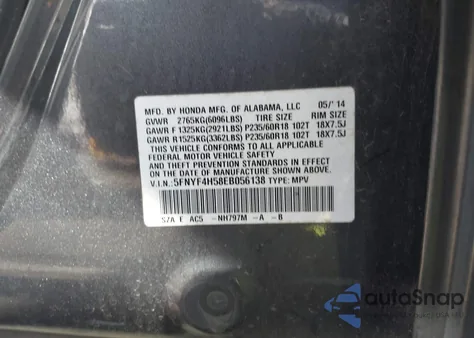 2014 Honda Pilot Ex-L z USA, uszkodzony, nr VIN 5FNYF4H58EB056138